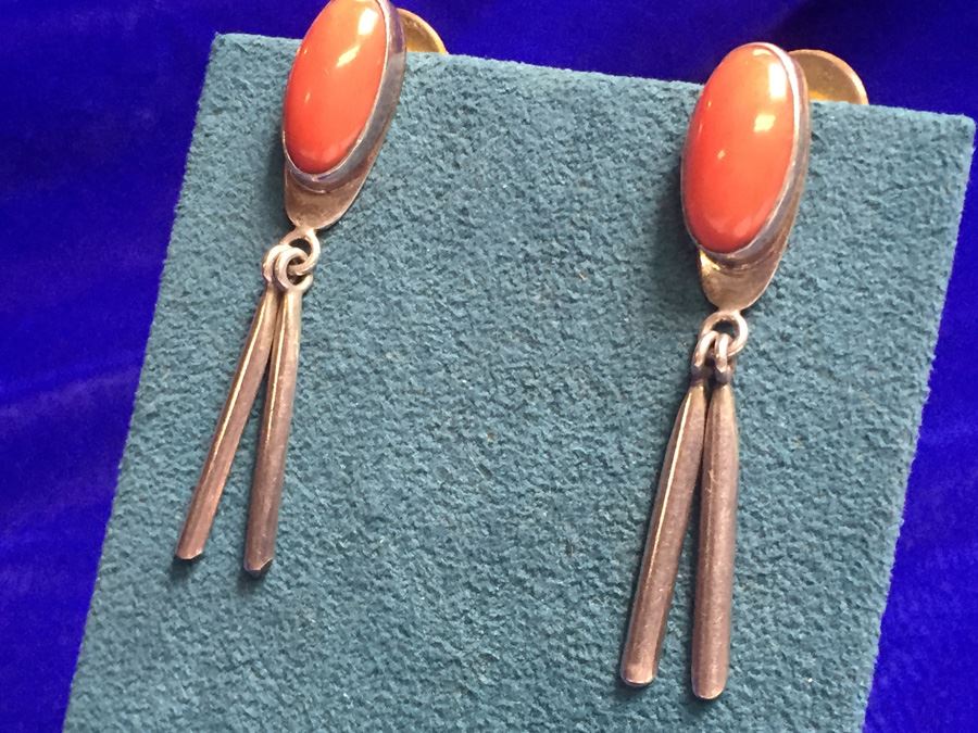 Sterling Silver Coral Drop Earrings Signed 'AX' Wt:9.3g [Photo 10]