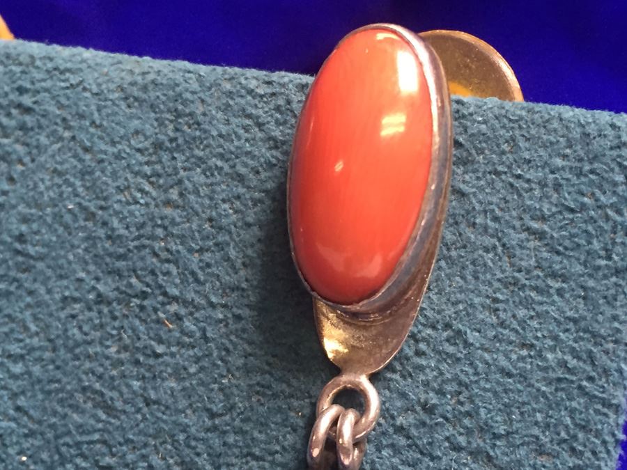 Sterling Silver Coral Drop Earrings Signed 'AX' Wt:9.3g [Photo 2]