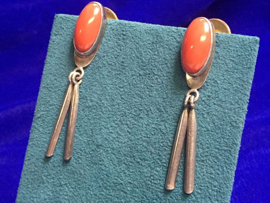 Sterling Silver Coral Drop Earrings Signed 'AX' Wt:9.3g [Photo 6]