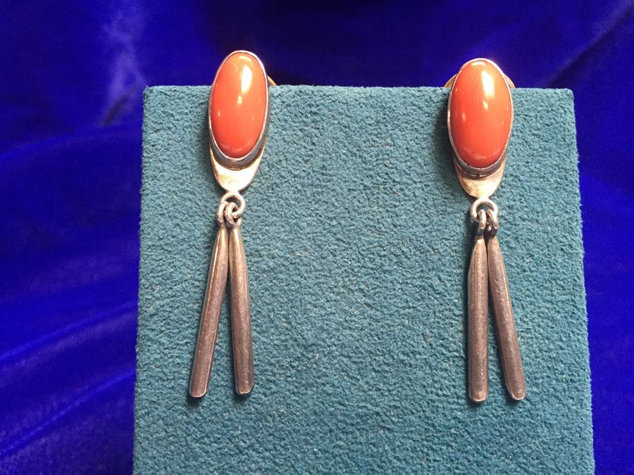 Sterling Silver Coral Drop Earrings Signed 'AX' Wt:9.3g [Photo 1]