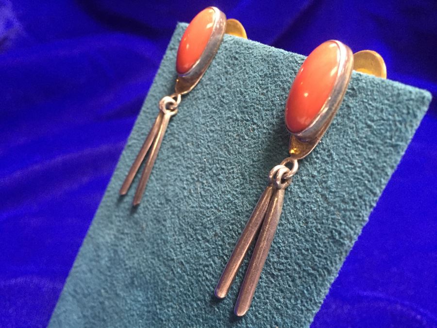 Sterling Silver Coral Drop Earrings Signed 'AX' Wt:9.3g [Photo 5]