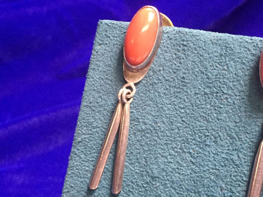 Sterling Silver Coral Drop Earrings Signed 'AX' Wt:9.3g [Photo 7]
