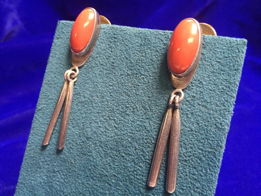 Sterling Silver Coral Drop Earrings Signed 'AX' Wt:9.3g [Photo 4]