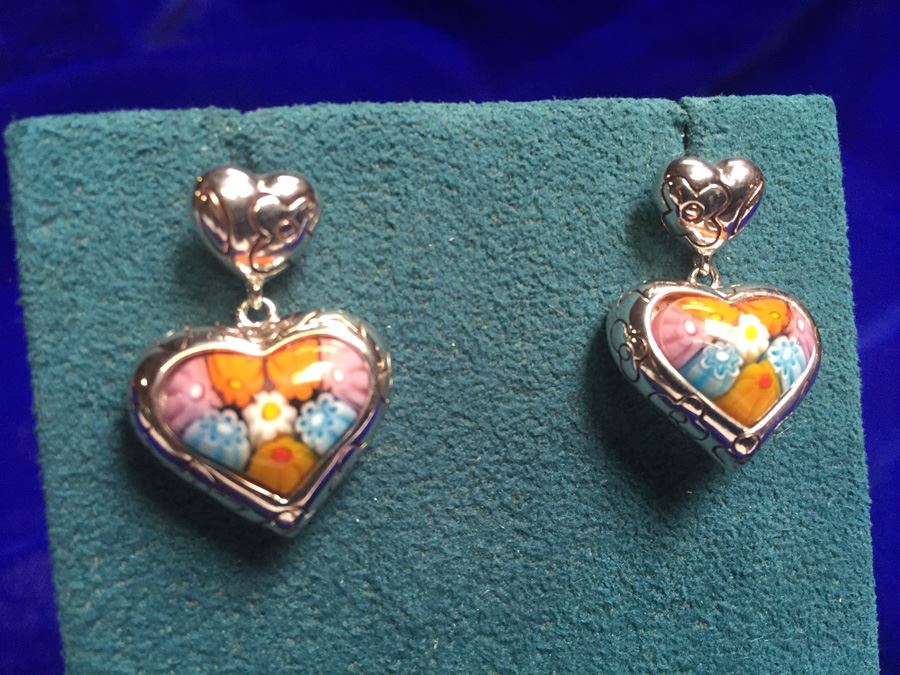 Art Glass Millefiori Sterling Earrings Wt:12.6g [Photo 2]