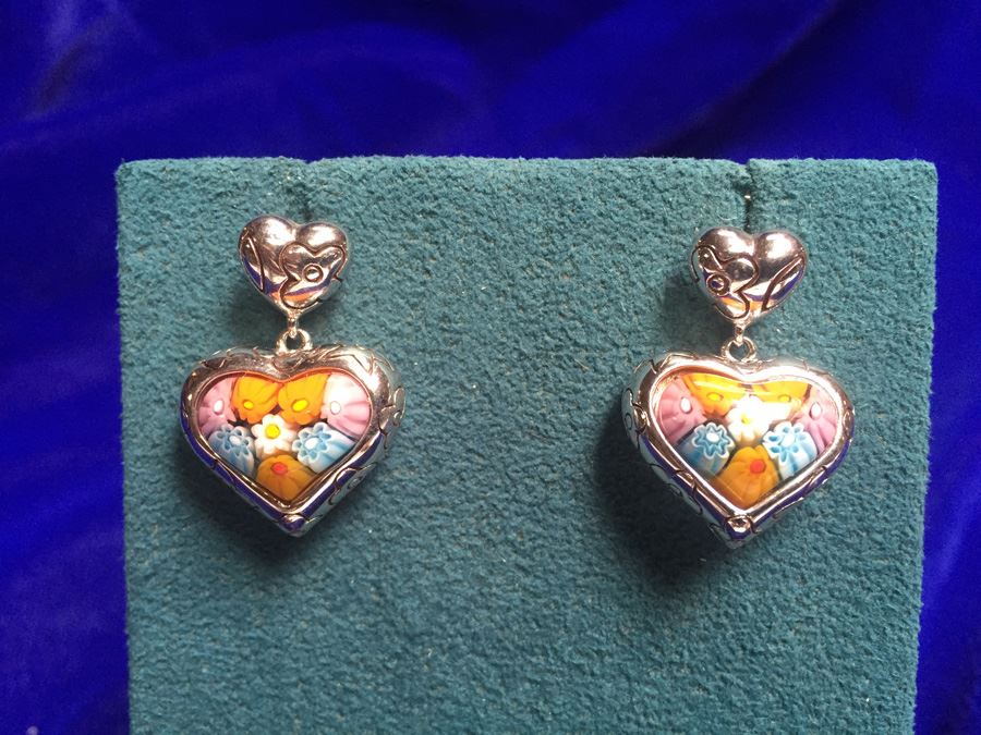 Art Glass Millefiori Sterling Earrings Wt:12.6g [Photo 4]