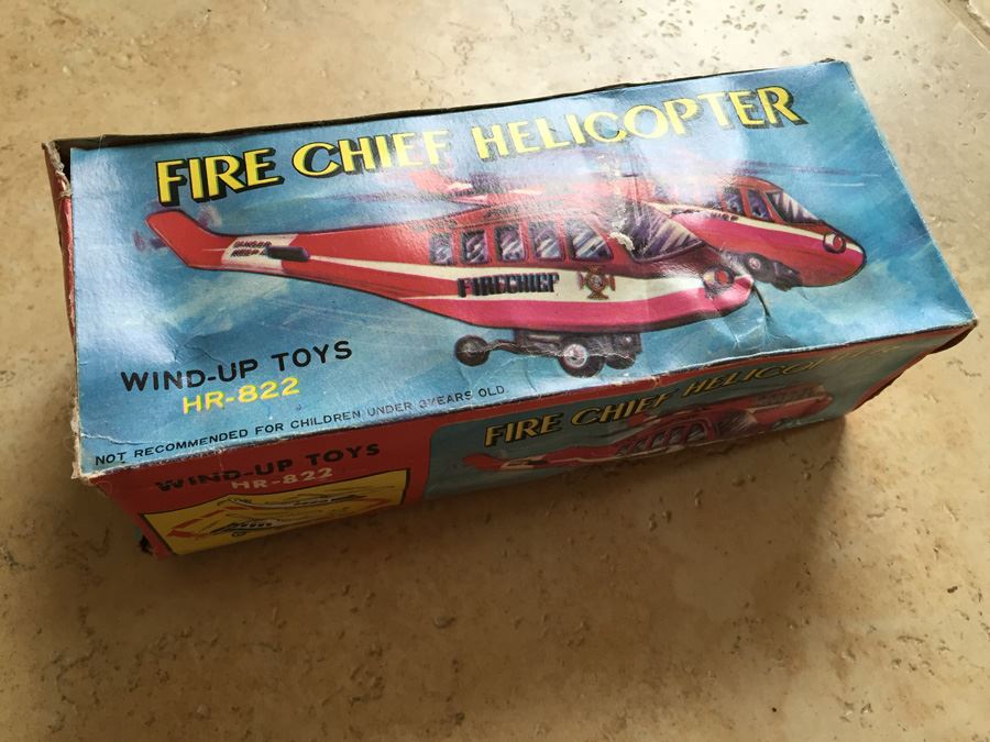 Fire Chief Helicopter Wind-Up Tin Toy HR-822 COTC In Box [Photo 1]
