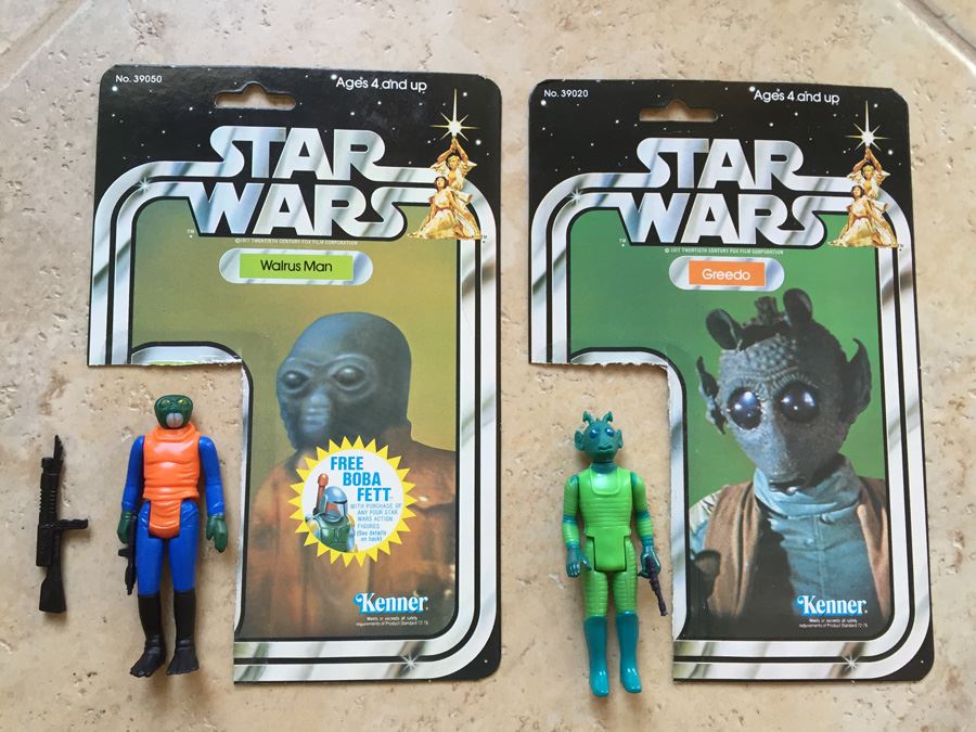 STAR WARS Kenner Action Figure 1978 Walrus Man And 1978 Greedo With Portion Of Cards Excellent Condition Never Played With Extra Gun [Photo 1]