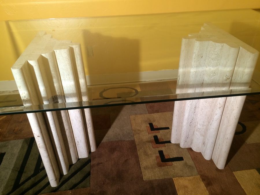 Contemporary Glass Top Dining Table with (2) Heavy Graduated Marble Bases [Photo 2]