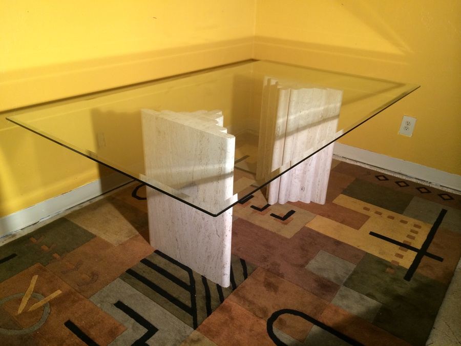 Contemporary Glass Top Dining Table with (2) Heavy Graduated Marble Bases [Photo 10]