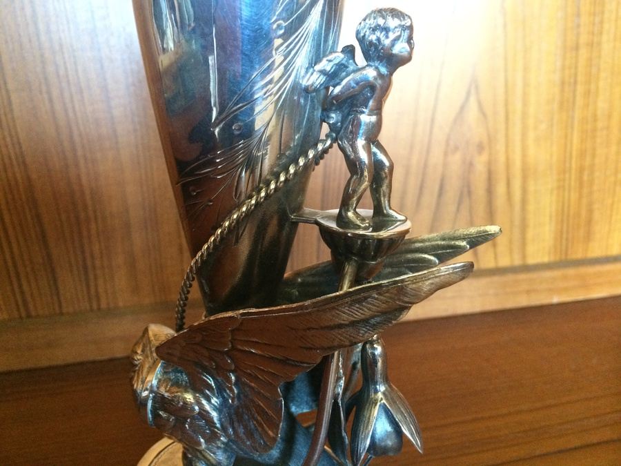 Silverplate Statue Vase with stunning Cherub and Bird [Photo 4]