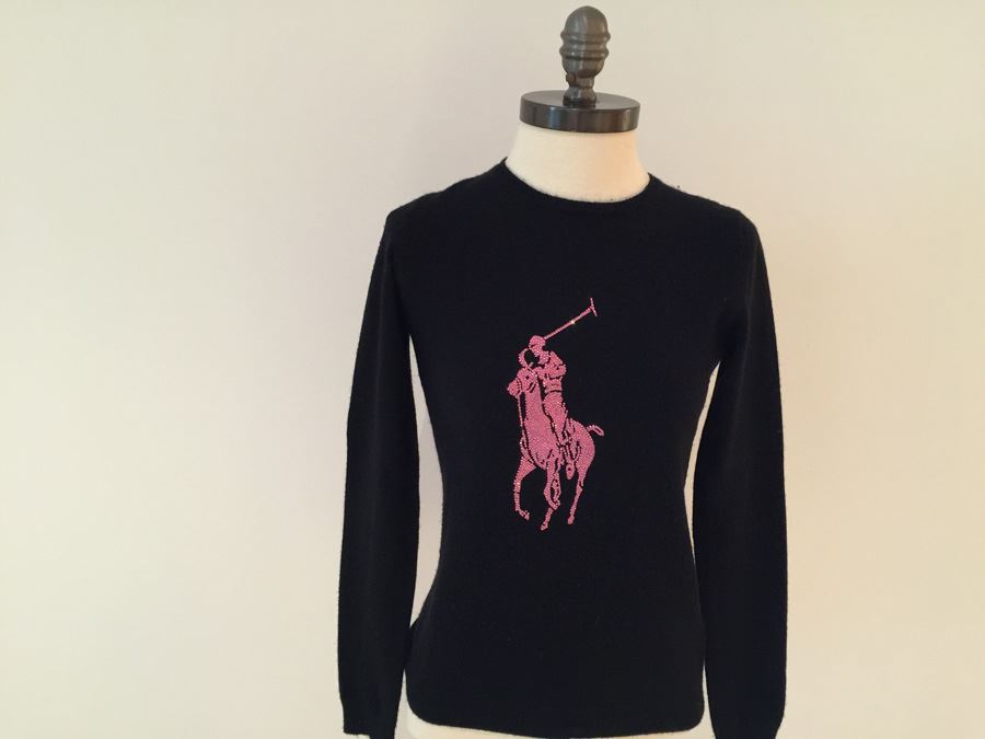 Ralph Lauren 100% Cashmere Black Label Black Sweater With Pink Sequined Pony Size S [Photo 1]