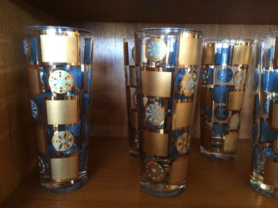 Set of 6 Mid-Century Highball Glasses - Gold and Light Blue