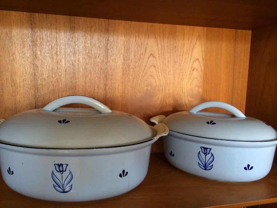(2) Vtg DRU Holland Enamel Ware Cast Iron OVAL Dutch Oven w/ Lid Blue Pot Casserole [Photo 3]