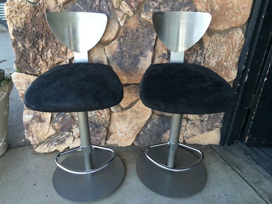 (2) Sturdy Brushed Metal Elite Pinot Barstools w/ Suede. Swivel and Adjustable. [Photo 1]