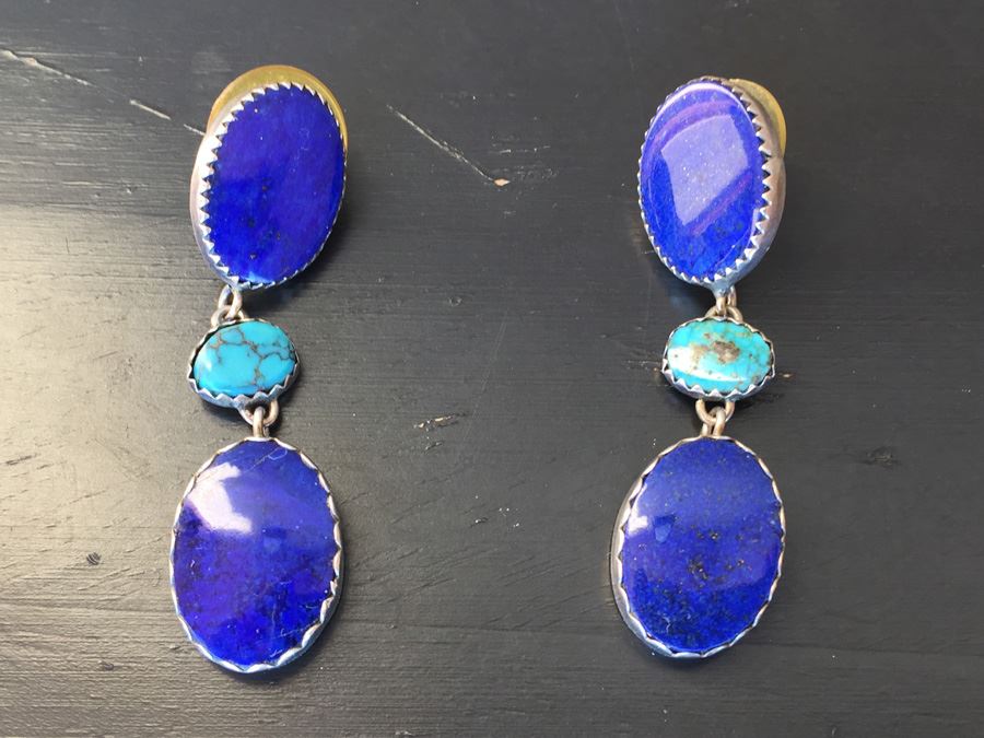 Sterling Silver Turquoise Earrings Signed J. R. LTD. Santa Fe, NM Wt:11g [Photo 6]