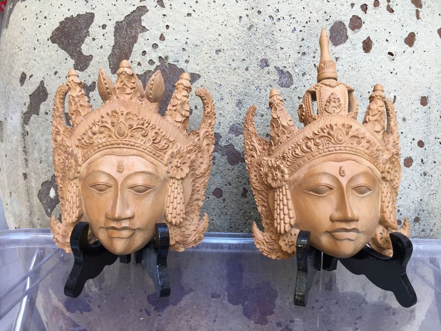 Pair Of Finely Hand Carved Asian Faces Heads With Stands Signed CATRA [Photo 1]