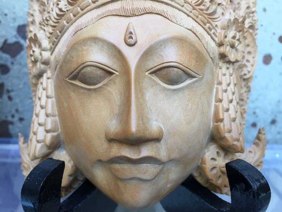 Pair Of Finely Hand Carved Asian Faces Heads With Stands Signed CATRA [Photo 6]