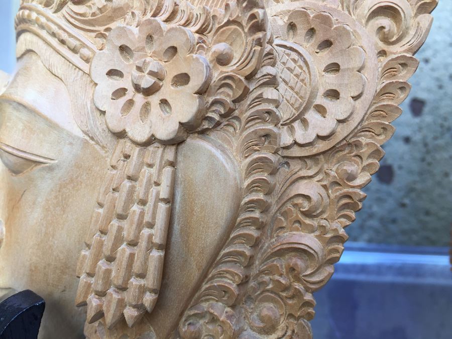 Pair Of Finely Hand Carved Asian Faces Heads With Stands Signed CATRA [Photo 17]