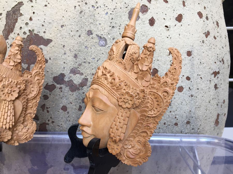 Pair Of Finely Hand Carved Asian Faces Heads With Stands Signed CATRA [Photo 7]