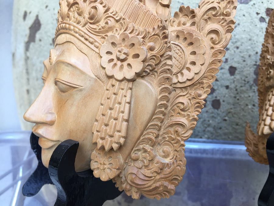 Pair Of Finely Hand Carved Asian Faces Heads With Stands Signed CATRA [Photo 14]