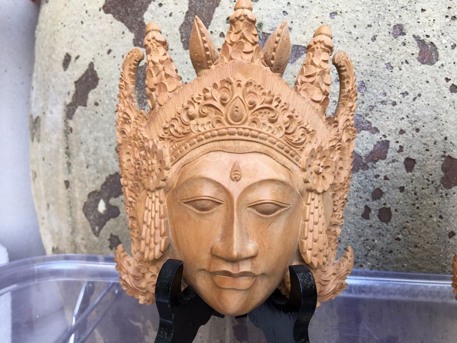 Pair Of Finely Hand Carved Asian Faces Heads With Stands Signed CATRA [Photo 12]