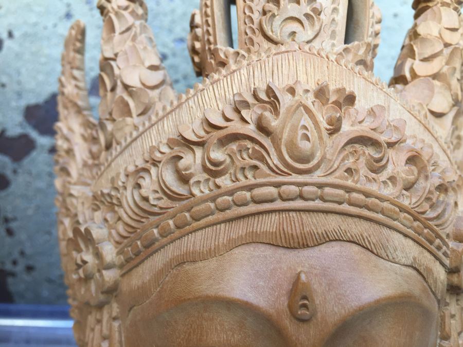 Pair Of Finely Hand Carved Asian Faces Heads With Stands Signed CATRA [Photo 5]