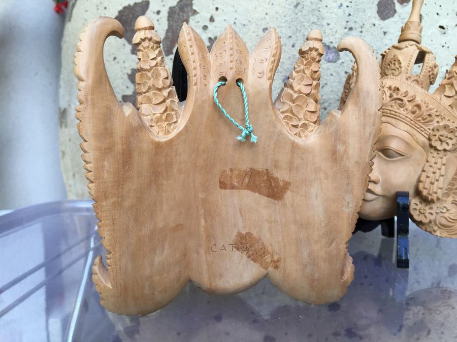 Pair Of Finely Hand Carved Asian Faces Heads With Stands Signed CATRA [Photo 3]