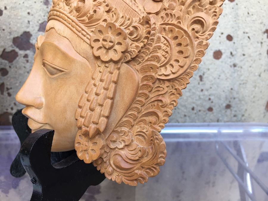 Pair Of Finely Hand Carved Asian Faces Heads With Stands Signed CATRA [Photo 2]