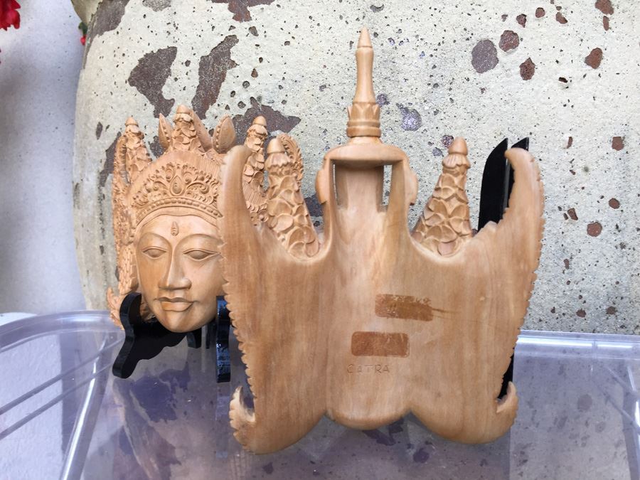 Pair Of Finely Hand Carved Asian Faces Heads With Stands Signed CATRA [Photo 11]