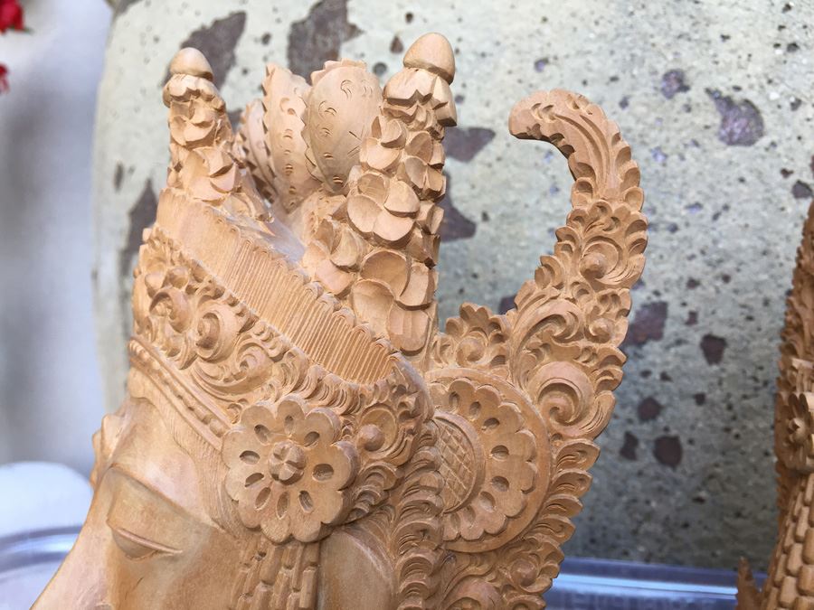 Pair Of Finely Hand Carved Asian Faces Heads With Stands Signed CATRA [Photo 16]