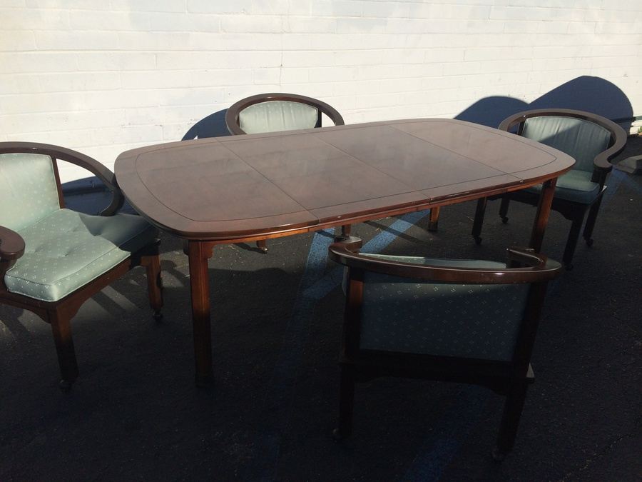Mid-Century Henredon Dining Table with Four Chairs and Two Leaves - Asian Inspired