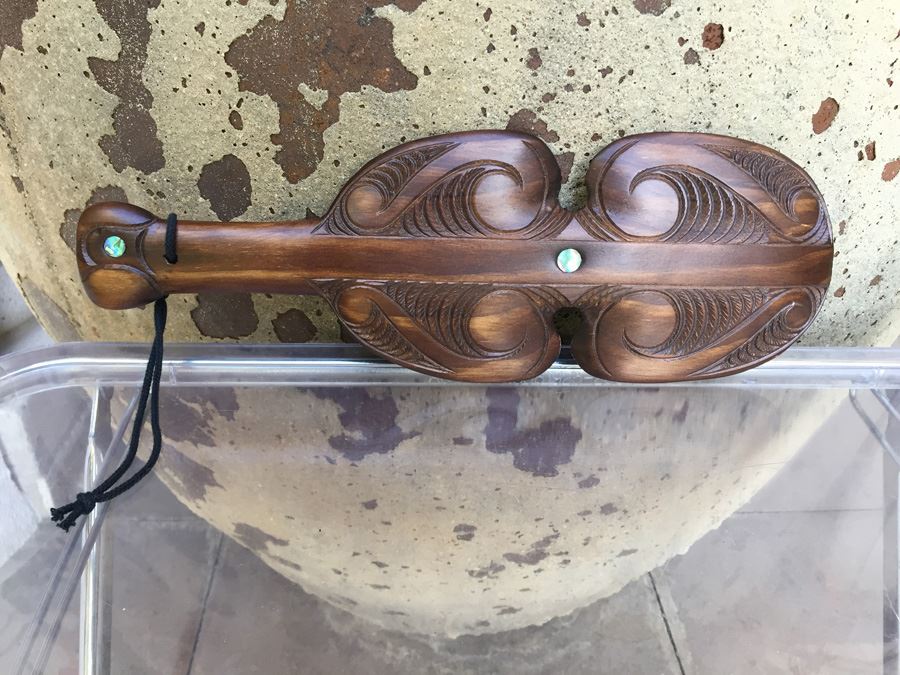 Carved Wooden Paddle With Mother Of Pearl Accents