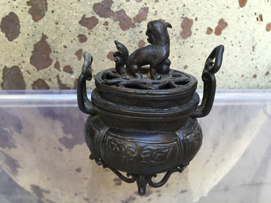 Japanese Bronze Incense Burner With Foo Dog Adorned Lid