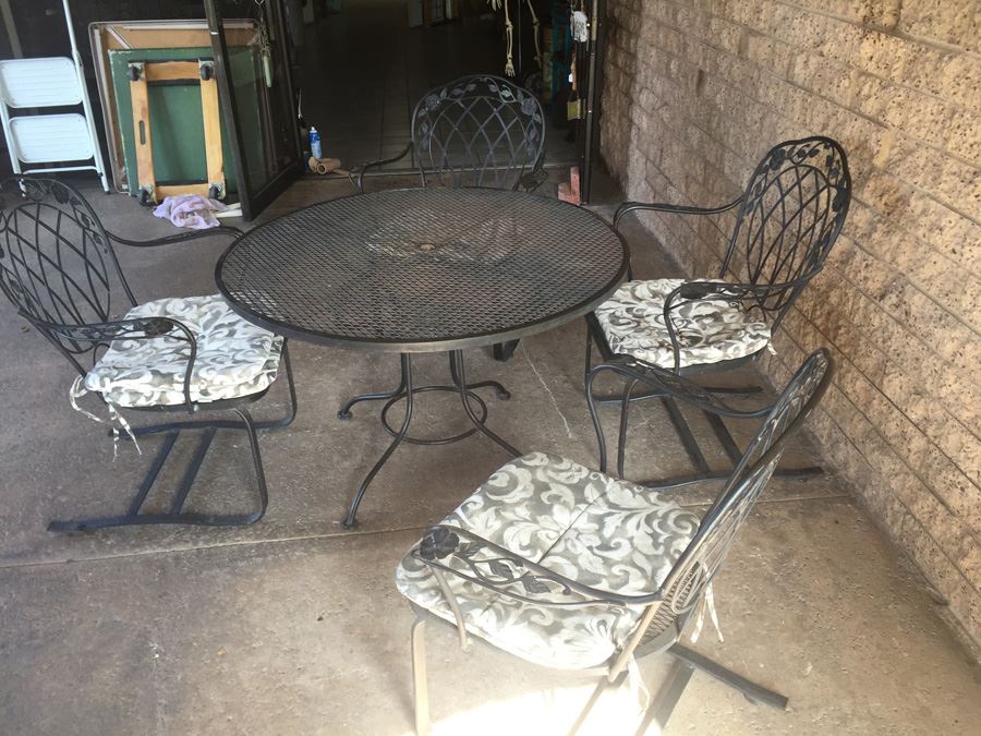 Black Wrought Iron Patio Set With Four Chairs And Seat Cushions [Photo 7]