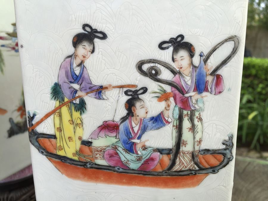 Pair Of Detailed Chinese Famille Rose Urns Vases With Custom Wooden Stands Purchased In 1930's [Photo 14]