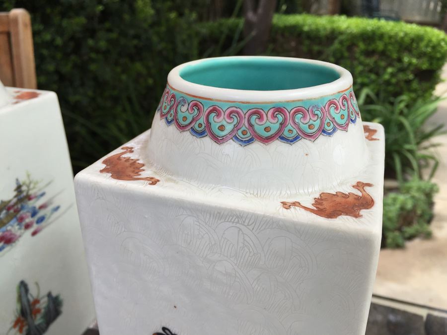 Pair Of Detailed Chinese Famille Rose Urns Vases With Custom Wooden Stands Purchased In 1930's [Photo 7]