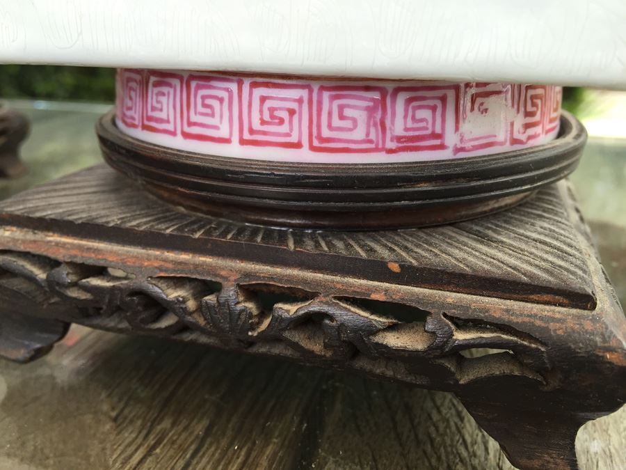 Pair Of Detailed Chinese Famille Rose Urns Vases With Custom Wooden Stands Purchased In 1930's [Photo 5]