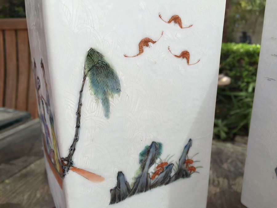 Pair Of Detailed Chinese Famille Rose Urns Vases With Custom Wooden Stands Purchased In 1930's [Photo 23]