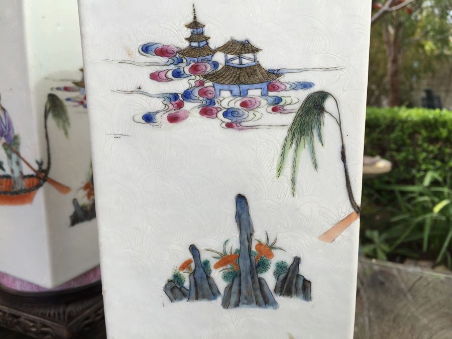 Pair Of Detailed Chinese Famille Rose Urns Vases With Custom Wooden Stands Purchased In 1930's [Photo 15]