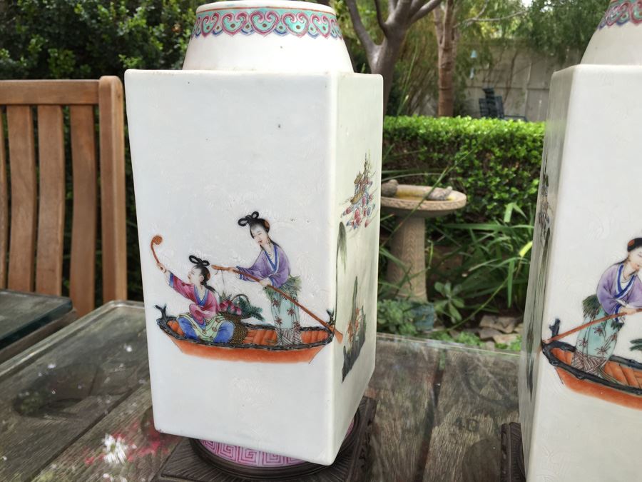 Pair Of Detailed Chinese Famille Rose Urns Vases With Custom Wooden Stands Purchased In 1930's [Photo 10]
