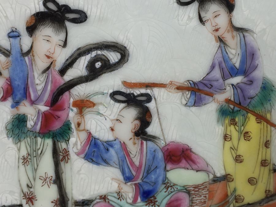 Pair Of Detailed Chinese Famille Rose Urns Vases With Custom Wooden Stands Purchased In 1930's [Photo 22]