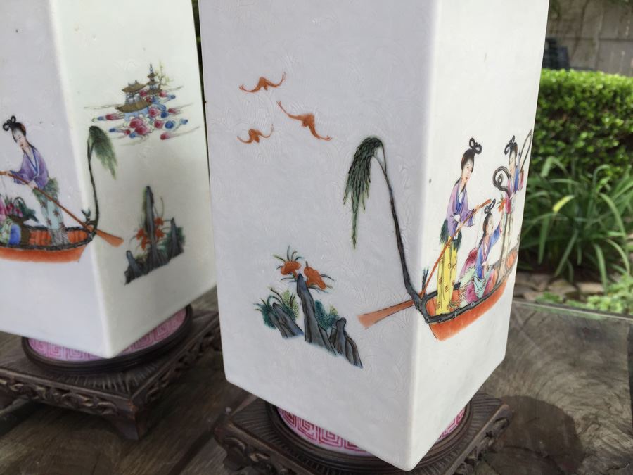 Pair Of Detailed Chinese Famille Rose Urns Vases With Custom Wooden Stands Purchased In 1930's [Photo 13]