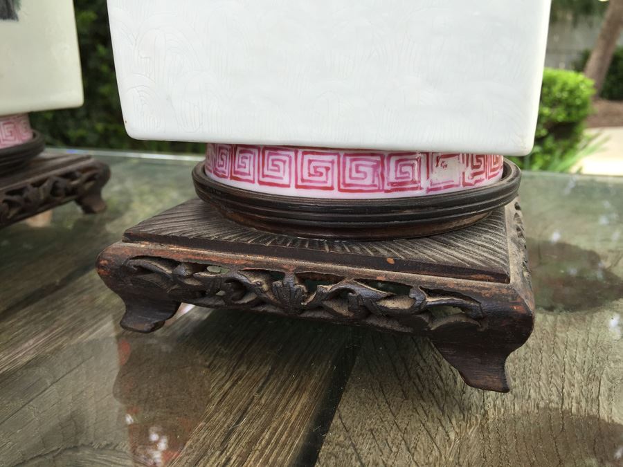 Pair Of Detailed Chinese Famille Rose Urns Vases With Custom Wooden Stands Purchased In 1930's [Photo 8]