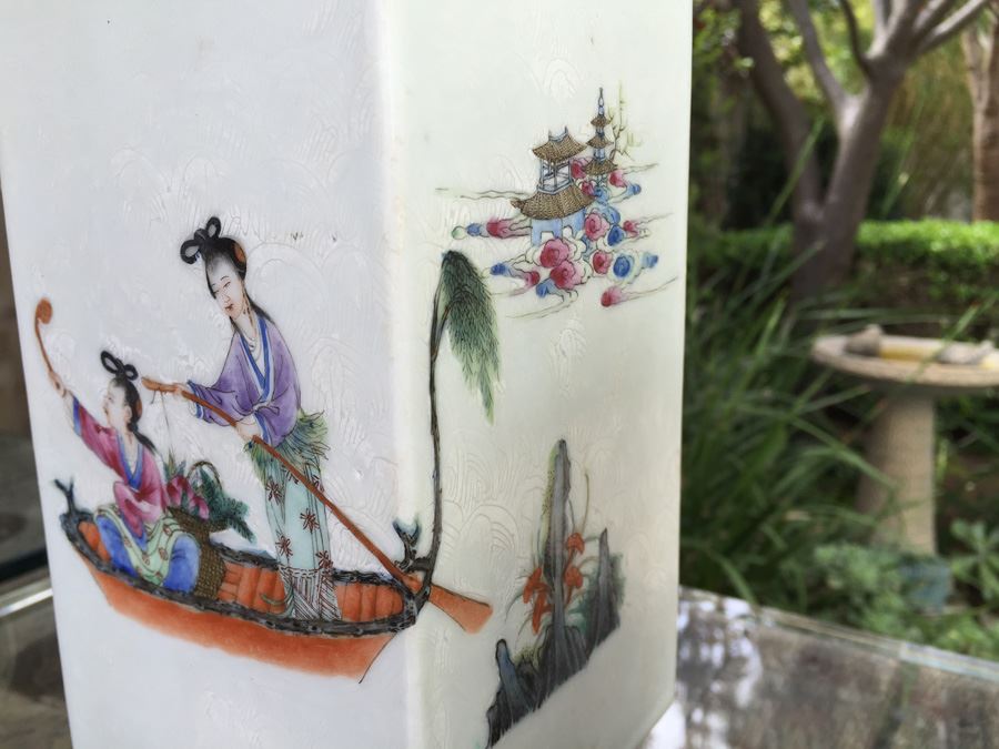 Pair Of Detailed Chinese Famille Rose Urns Vases With Custom Wooden Stands Purchased In 1930's [Photo 12]