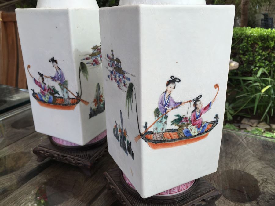 Pair Of Detailed Chinese Famille Rose Urns Vases With Custom Wooden Stands Purchased In 1930's [Photo 16]