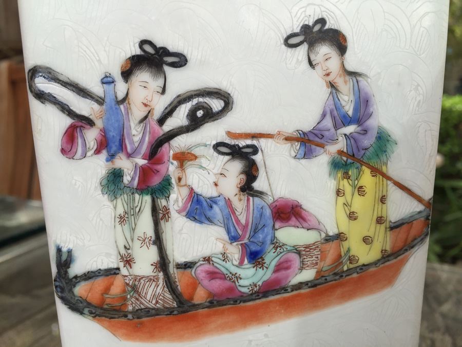 Pair Of Detailed Chinese Famille Rose Urns Vases With Custom Wooden Stands Purchased In 1930's [Photo 21]