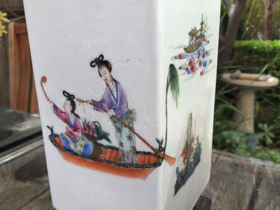 Pair Of Detailed Chinese Famille Rose Urns Vases With Custom Wooden Stands Purchased In 1930's [Photo 19]