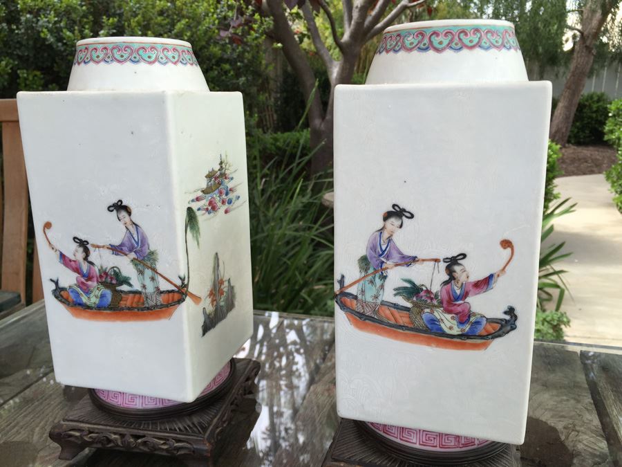 Pair Of Detailed Chinese Famille Rose Urns Vases With Custom Wooden Stands Purchased In 1930's [Photo 6]