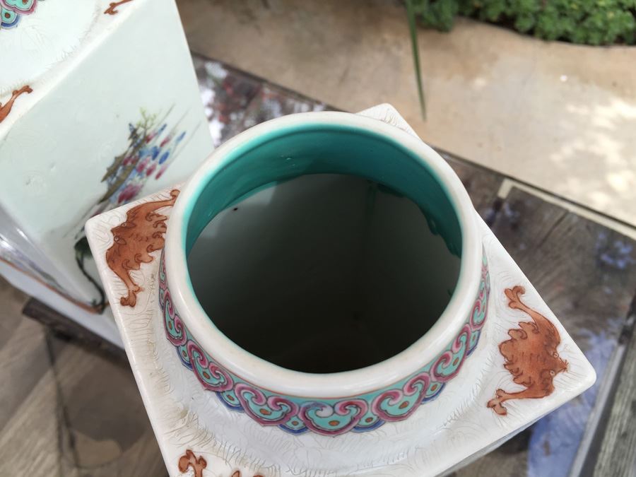 Pair Of Detailed Chinese Famille Rose Urns Vases With Custom Wooden Stands Purchased In 1930's [Photo 18]