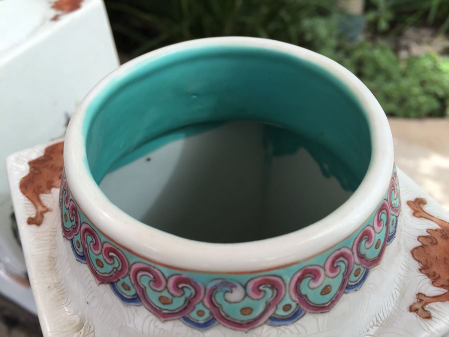 Pair Of Detailed Chinese Famille Rose Urns Vases With Custom Wooden Stands Purchased In 1930's [Photo 17]